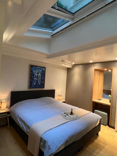 阿姆斯特丹Singel Residence的一间卧室设有一张大床和天窗