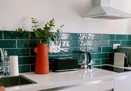 DéolsLe Bohème ⸱ Stationnement gratuit ⸱ Fibre的绿色瓷砖厨房,柜台上有橙色花瓶