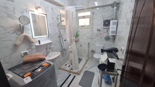 开罗New Cairo Luxury Apartment in luxury villa basement的带淋浴和盥洗盆的白色浴室