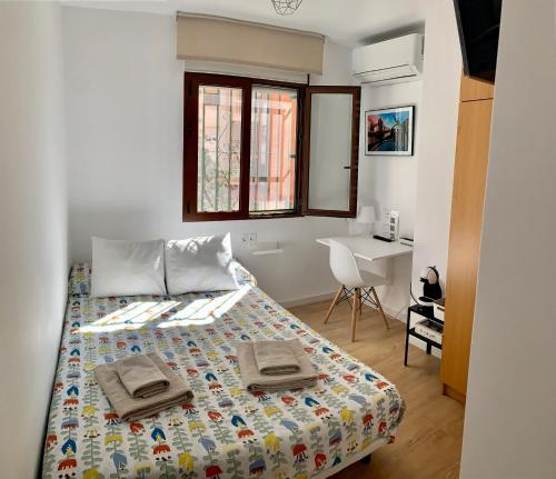 马拉加Habitación González的一间卧室配有一张床,上面有两条毛巾