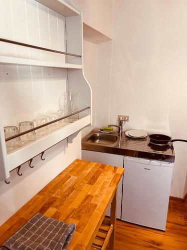 格拉茨Graz City Centre Apartment的厨房配有水槽和木桌