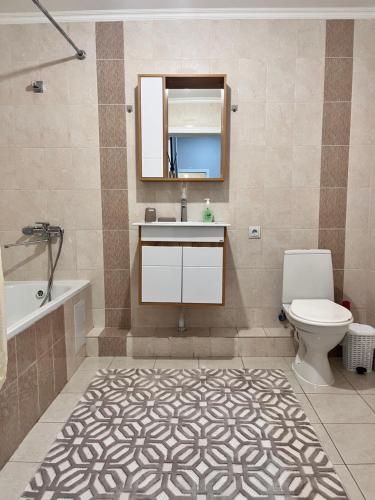 阿拉木图2-х комнатная в Золотом квадрате的一间带水槽、卫生间和镜子的浴室