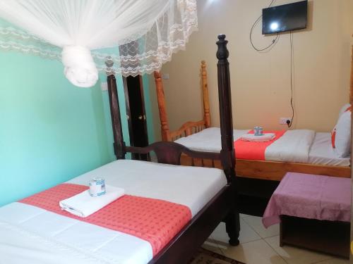 KakamegaMilimani Greens Inn的一间设有两张床和电视的客房