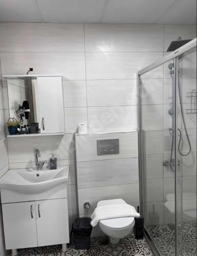 萨姆松Dokuz Otel的带淋浴、卫生间和盥洗盆的浴室