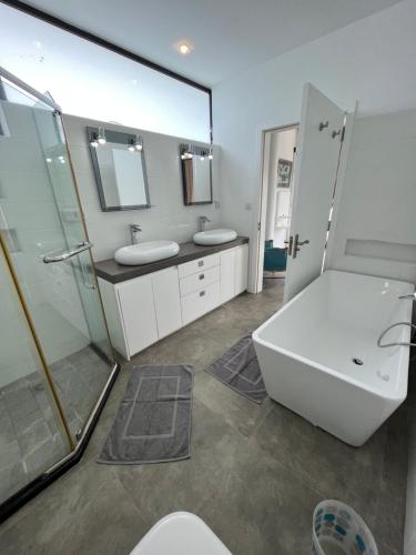 特鲁欧克比赫斯Villa moderne à Trou aux Biches的一间带两个盥洗盆和大镜子的浴室