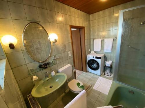 厄姆河畔的德廷根Vali‘s Apartment One的一间带水槽、淋浴和镜子的浴室