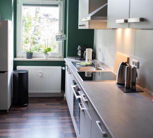 茨维考Zentral Smart Apartment的厨房配有白色橱柜、水槽和窗户。