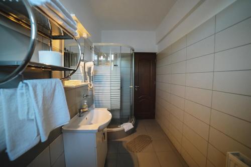 皮亚特拉-尼亚姆茨Hotel-Restaurant Oscar的一间带水槽和淋浴的浴室