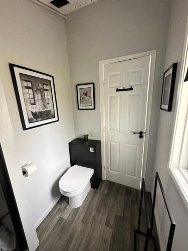 达农Cherry tree Lodge的一间带卫生间和白色门的浴室