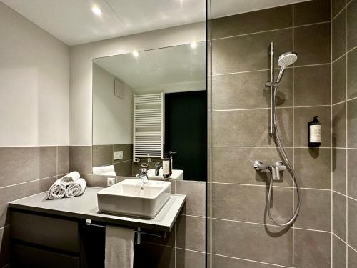 安达赫治Apartimo München-Unterhaching的一间带水槽和淋浴的浴室