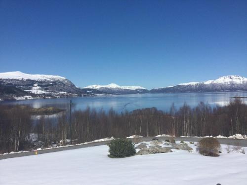 TomrefjordSivert´s kontorhotell的享有带雪覆盖山脉的湖泊美景。