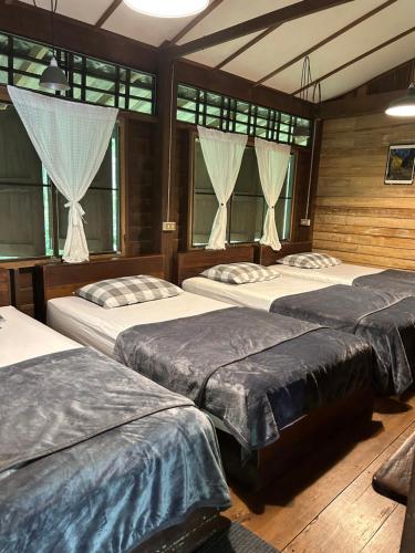 Ban Khlong Chaoforestel homestay kohkood ฟอเรสเทล โฮมสเตย์ เกาะกูด的带窗户的客房内的三张床