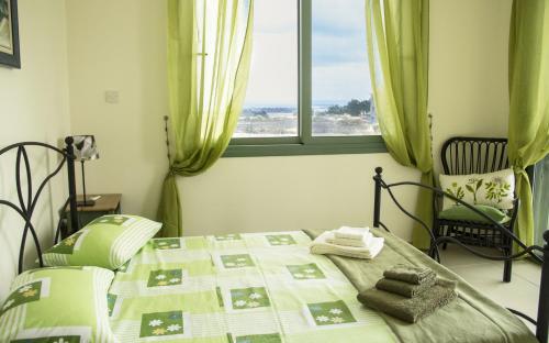 Anarita贝尔维尤别墅度假屋的窗户和毛巾床上的一张床位