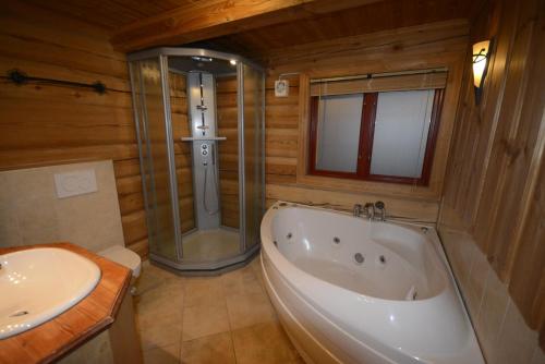 SkoroSkibyen Jons Hytte的带浴缸、卫生间和盥洗盆的浴室