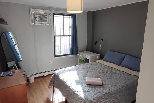 布鲁克林Luxury Double room in Williamsburg Ground floor Apartment near Subway的一间卧室设有一张床和一个窗口