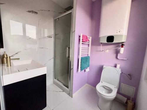 维勒班LE PUNTA CANA的紫色浴室设有卫生间和淋浴