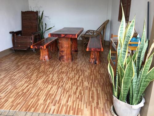 清刊Baan Fun Dee Chiang Khan的一间设有两个木长椅和盆栽的房间