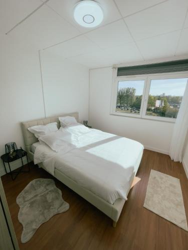 Soisy-sous-MontmorencyAppartement Cosy & Connecté à 15 min de Paris的卧室设有一张白色大床和一扇窗户。