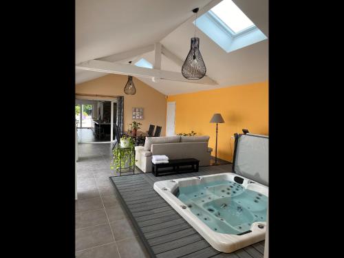 CessieuLe SPA de l Albizia的一间带按摩浴缸的客厅