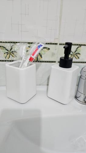 塞米伊1 комн. квартира центр的浴室柜台上的2个白色容器牙刷