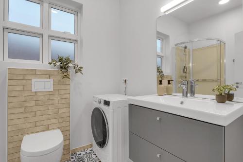 雷克雅未克Capital Luxury Apartments的白色的浴室设有水槽和洗衣机。