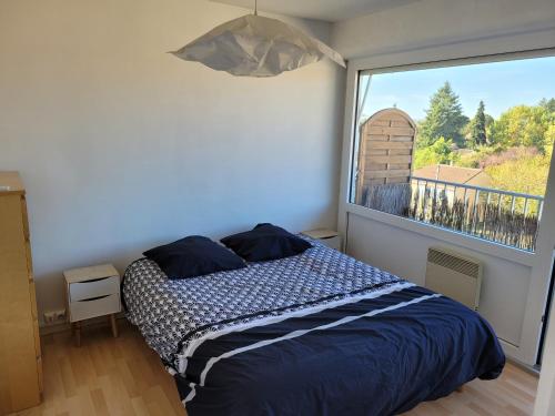 贝尔热拉克Appartement centre-ville de Bergerac 4 personnes的一间卧室设有一张床和一个大窗户