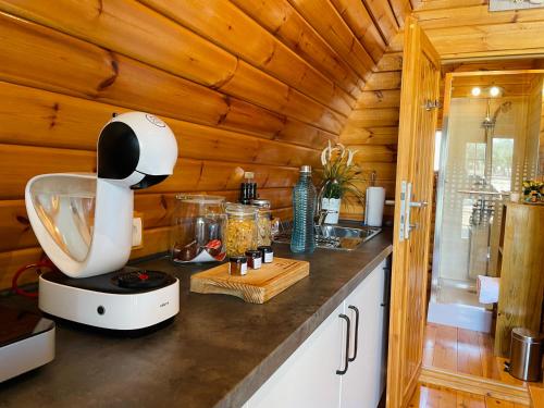 CorredouraThe Gold Pod, relax and enjoy on a Glamping house的厨房配有白色搅拌机,位于柜台上