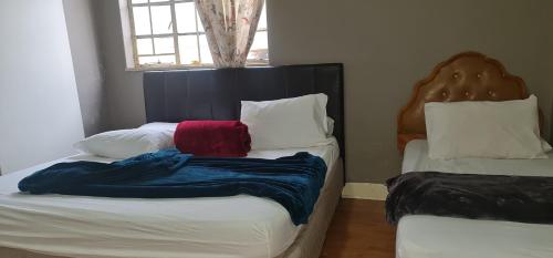 开普敦SALAMA LODGE的一间卧室配有两张单人床,铺有蓝色和红色的床单。