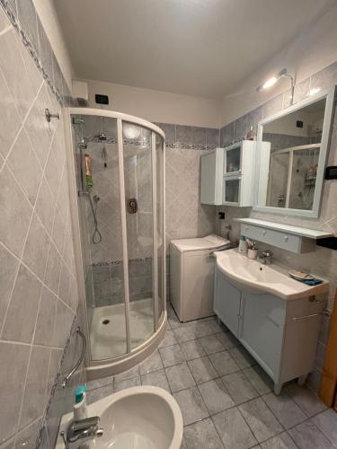 莫尔韦诺Appartamento la Regina del Lago的带淋浴、盥洗盆和卫生间的浴室