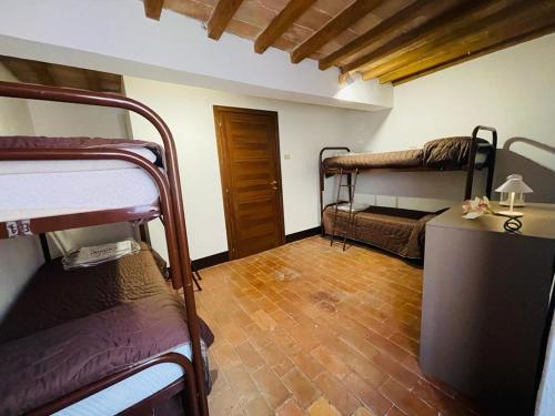 GuigliaCasa del Viandante Borgo dei Sassi di Roccamalatina的客房设有两张双层床,铺有木地板。