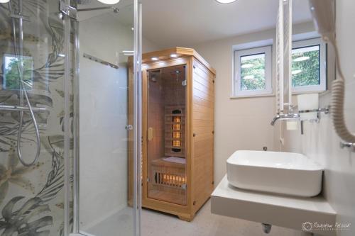 斯克拉斯卡波伦巴Willa Rosa-apartamenty z prywatną sauną的带淋浴、盥洗盆和卫生间的浴室