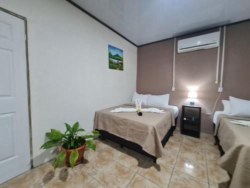 福尔图纳Cabinas Guayabón #5, La Fortuna San Carlos的一间酒店客房,配有两张床和植物