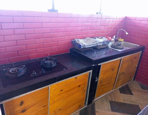 日惹ZEN MOON Hostel的一个带水槽和红砖墙的厨房