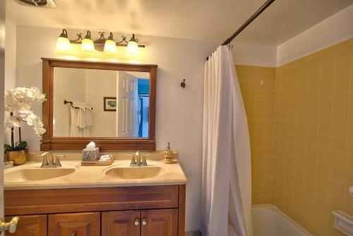 科纳Alii Villas Cozy 1BR Unit Near DT (5 Guests)的浴室配有盥洗盆、镜子和浴缸