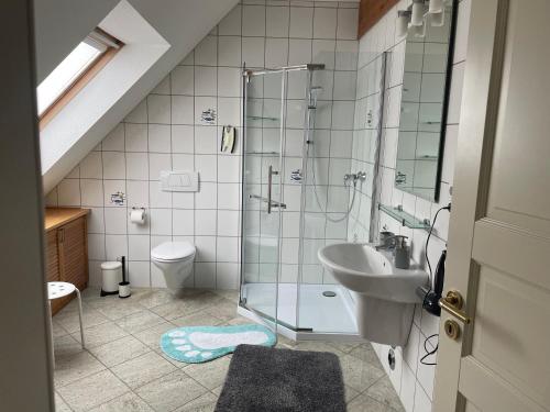 GrebensteinFerienwohnung Jäger的带淋浴和盥洗盆的浴室