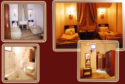 开罗City View Museum Hotel的四张酒店客房的照片,配有床和浴室