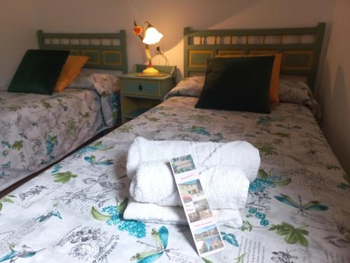 特连特Casa rural La Endrina的一间卧室配有两张床,床上配有毛巾