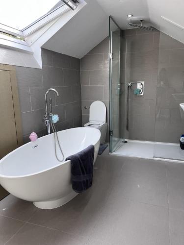 埃布韦尔Modern Newly Renovated 3 Story House in Ebbw Vale的带浴缸、卫生间和淋浴的浴室。