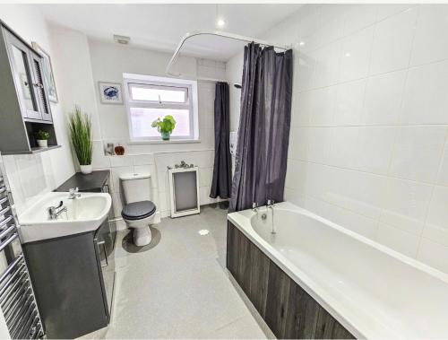 普里茅斯Southdown Road close to Plymouth Argyle FC的带浴缸、卫生间和盥洗盆的浴室