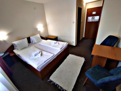 哈卡尼Átrium Hotel Harkány的配有一张床和一把椅子的酒店客房