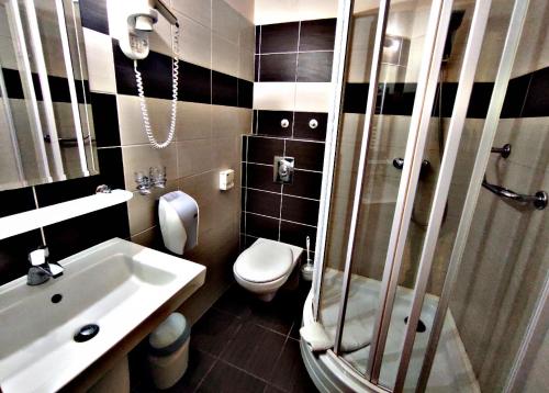 哈卡尼Átrium Hotel Harkány的一间带水槽、卫生间和淋浴的浴室