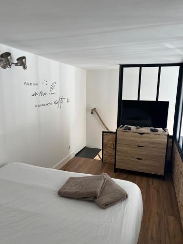 艾克斯莱班Le Terminus的一间卧室配有一张床和一台平面电视