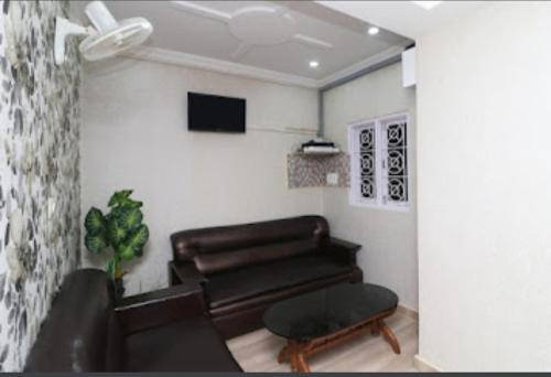 勒克瑙Nilansh homes and hotels的客厅配有真皮沙发和电视