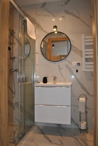 新塔尔格Apart4You Apartamenty Nowy Targ的一间带水槽和镜子的浴室
