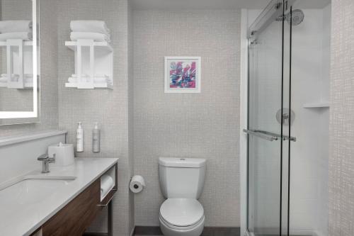 伯明翰伯明翰一世汉普顿酒店-65/Lakeshore Drive的一间带卫生间和玻璃淋浴间的浴室