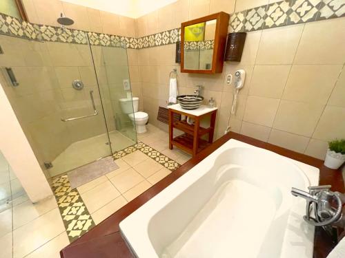 圣多明各Casa Sánchez Hotel的带浴缸、淋浴和卫生间的浴室
