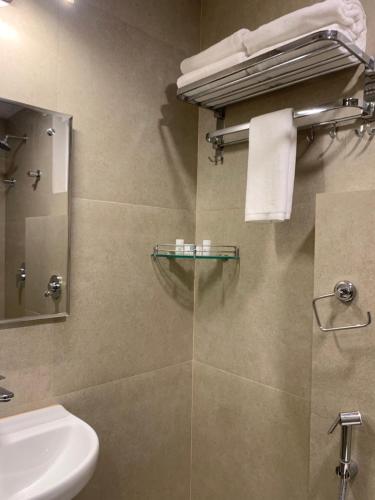 班加罗尔Hotel Le Grandeur的一间带水槽、卫生间和镜子的浴室