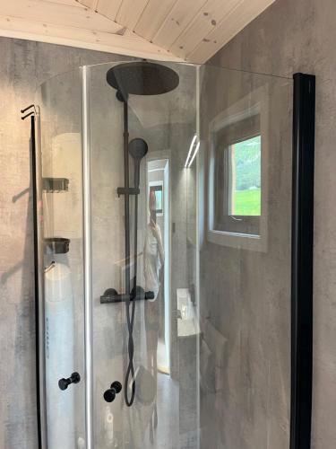 IsfjordenKavliskogen panorama的带窗户的浴室内的淋浴间