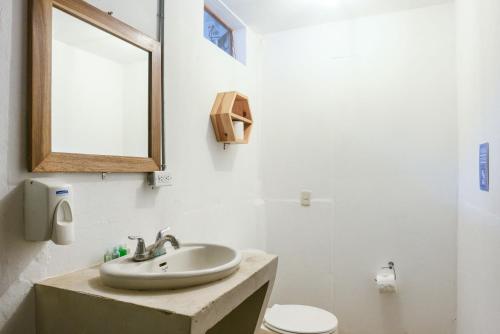 南圣胡安Selina Maderas的一间带水槽、镜子和卫生间的浴室