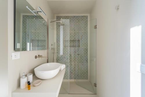 罗马Fisher's Apartment in Testaccio的白色的浴室设有水槽和淋浴。
